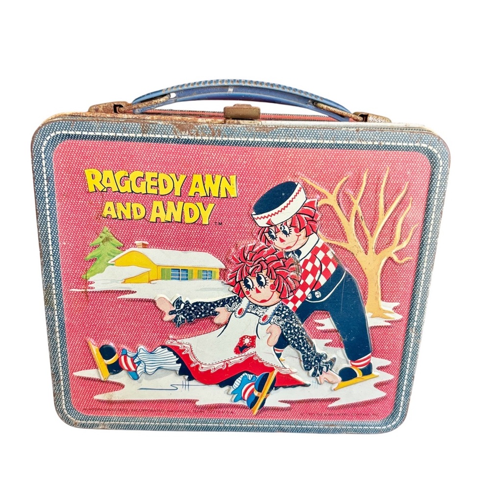Raggedy Ann and Andy Lunchbox 1973 Aladdin Vintage Metal Tin Blue Handle HTF